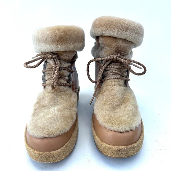 Montelliana 1965 Lambskin Fur Trim Lace-Up Winter Boots Shearling 38 Tan 8 - Picture 3 of 8
